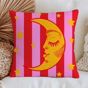 BOHO Crescent Moon Face Red& Pink Striped Cushion