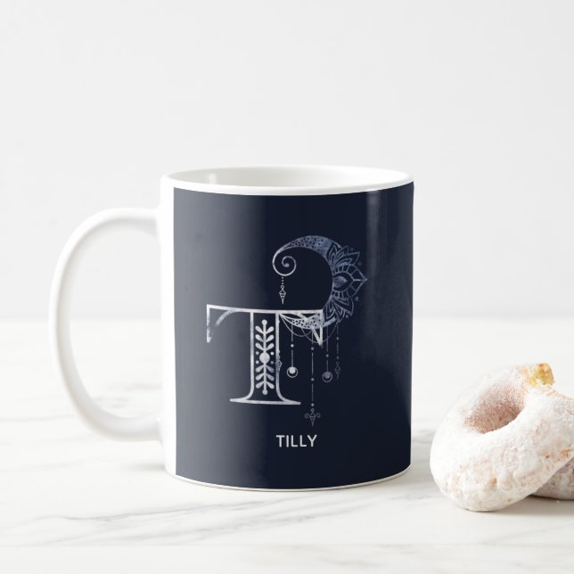 Boho Crescent Moon Mandala Monogrammed Letter T  Coffee Mug (With Donut)