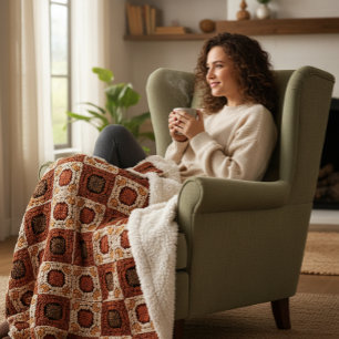 Boho Crochet Granny Square Retro Floral  Sherpa Blanket
