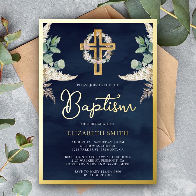 Boho Cross Pampas Eucalyptus Baptism Navy Gold (Creator Uploaded)