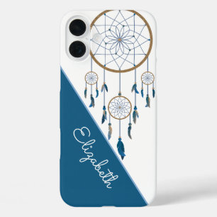 Boho Custom Name Dreamcatcher Blue White Feathers iPhone 16 Plus Case
