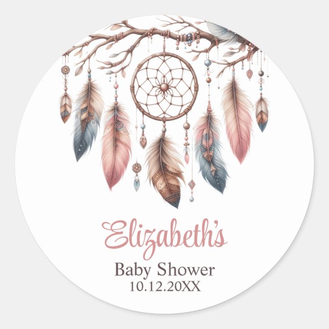 Boho Custom Name Dreamcather Baby Shower Classic Round Sticker (Front)