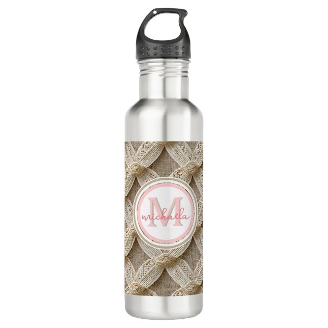 Boho Custom Personalised Pink & White Monogrammed 710 Ml Water Bottle (Front)