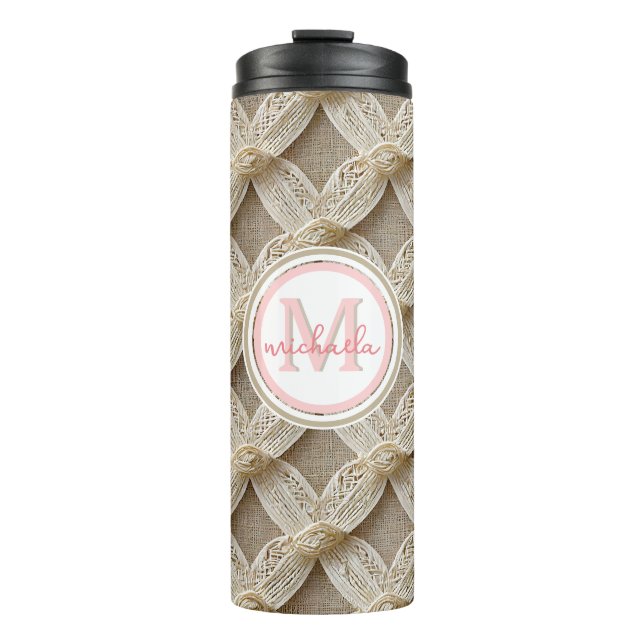Boho Custom Personalised Pink & White Monogrammed Thermal Tumbler (Front)