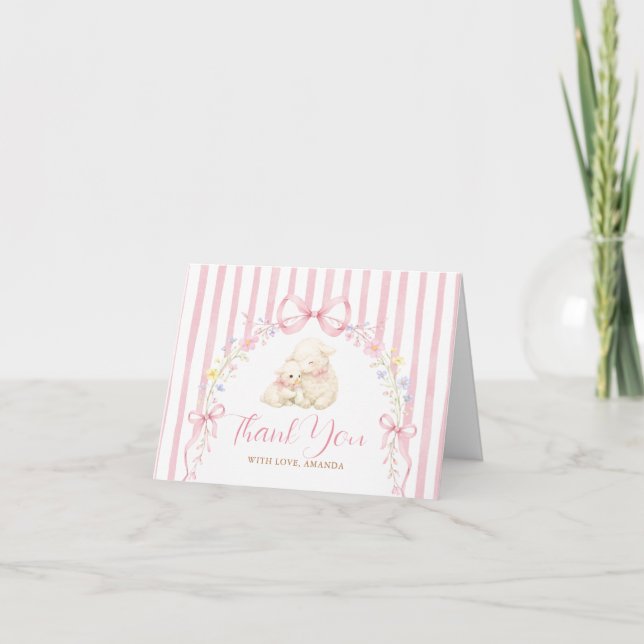 Boho Cute A little lamb Pink Bow Gingham Thank You Card (Front)