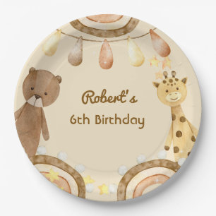 Boho cute Bear and Giraffe kids Birthday Paper Plate