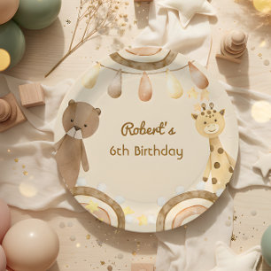 Boho cute Bear and Giraffe kids Birthday Paper Plate