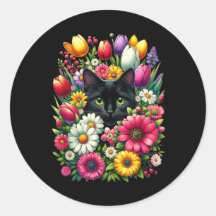 Boho Cute Black Cat Hiding In Spring Flowers Classic Round Sticker