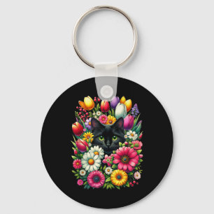 Boho Cute Black Cat Hiding In Spring Flowers Key Ring