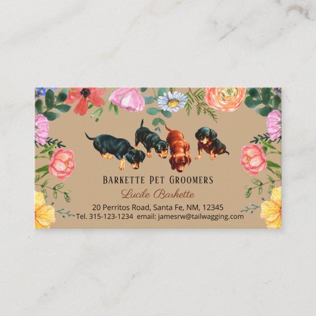 Boho Cute Dachshund Pet Grooming Wildflowers Kraft Business Card (Front)