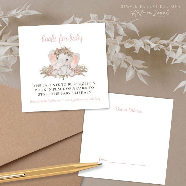 Boho Cute Elephant Baby Shower Book Request Enclosure Card (Pink Baby Shower Books for Baby Card Enclosures with Book Label Gift Tag on Back)