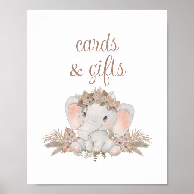 Boho Cute Elephant Baby Shower Cards and Gifts Poster (Front)