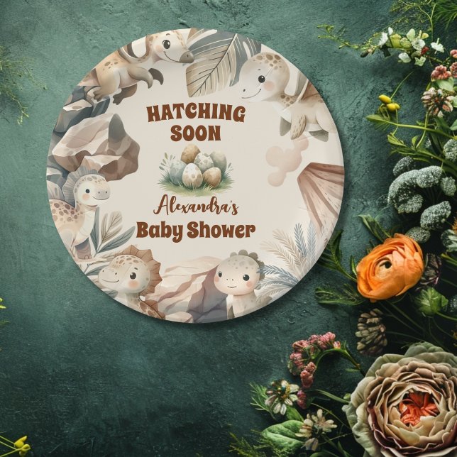 Boho Cute Hatching Soon Dinosaur Baby Shower Paper Plate (Creator Uploaded)