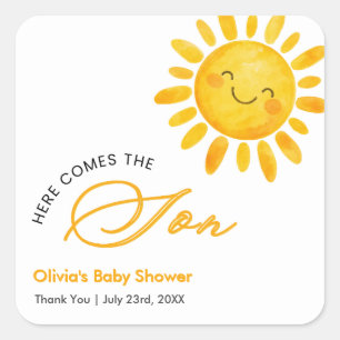 Boho Cute Here Comes the Sun Baby Shower Square Sticker