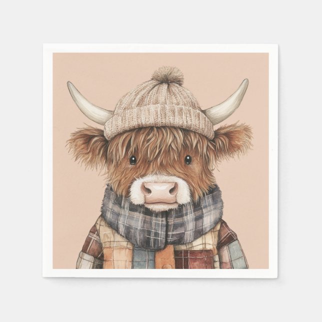 Boho Cute Highland Cow in Hat Cream Napkin (Front)