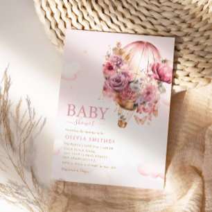 Boho Cute Pink Floral Balloon Girl Baby Shower Invitation