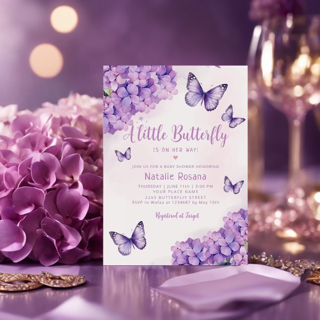 Boho Cute Purple Floral Butterfly Girl Baby Shower Invitation (Creator Uploaded)