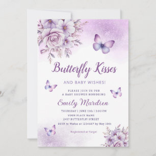 Boho cute Purple Floral Butterfly Girl Baby Shower Invitation