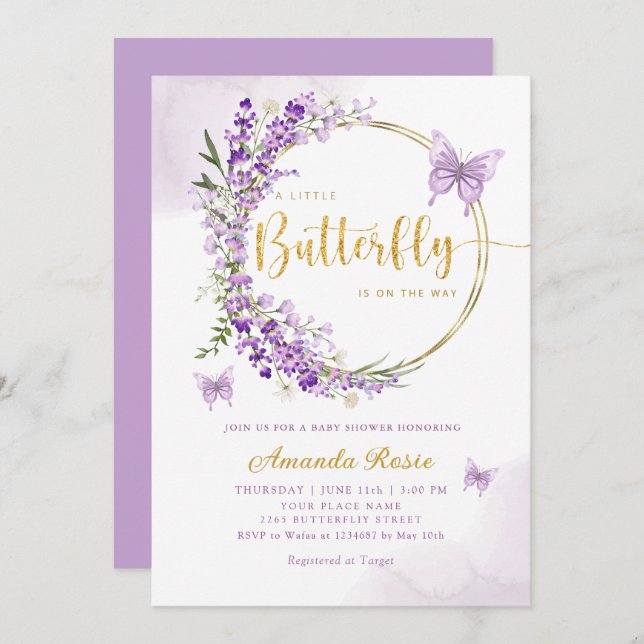 Boho Cute Purple Floral Butterfly Girl Baby Shower Invitation (Front/Back)