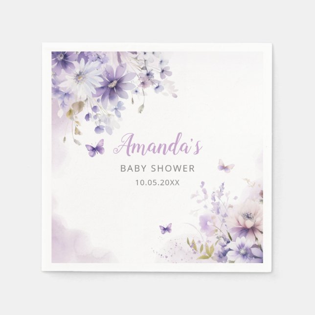 Boho Cute Purple Floral Butterfly Girl Baby Shower Napkin (Front)