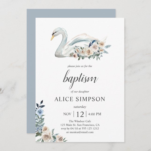 Boho Cute Swan Dusty Blue Beige Flowers Baptism Invitation (Front/Back)