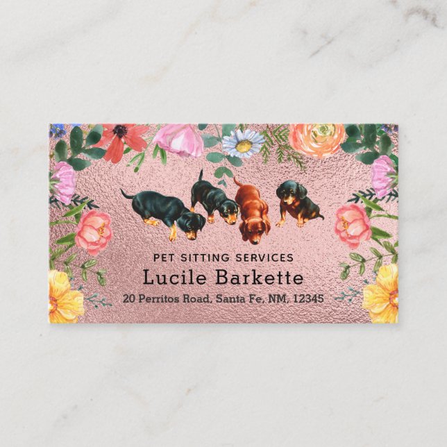 Boho Dachshunds Pet Sitting Wildflowers Pink Foil Business Card (Front)