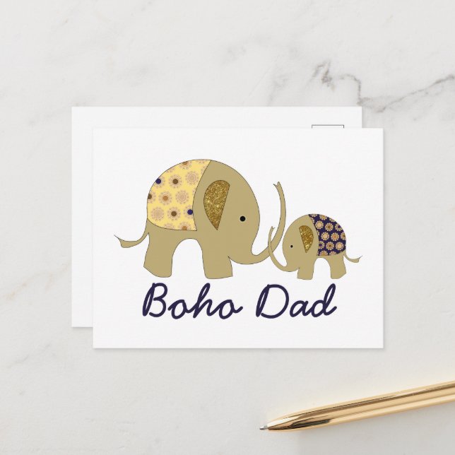 Boho Dad, Gold Elephant Postcard (Front/Back In Situ)