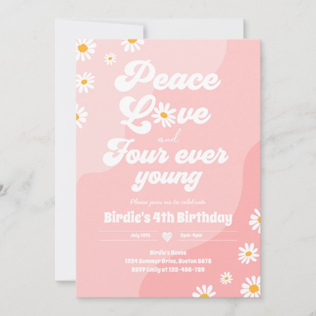 Boho Daisy 4th Birthday Peace Love Four Ever Young Invitation (Front)
