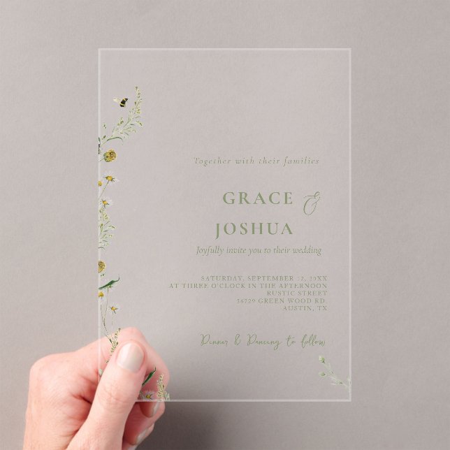 Boho Daisy  Beidge Wildflower wedding  Acrylic Invitations (Insitu (Handheld))
