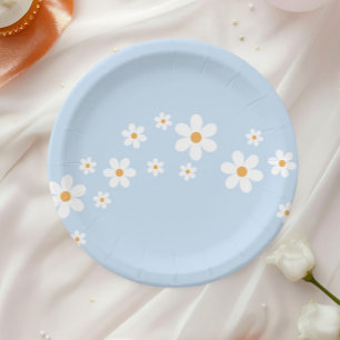 boho Daisy blue Baby Shower Paper Plates