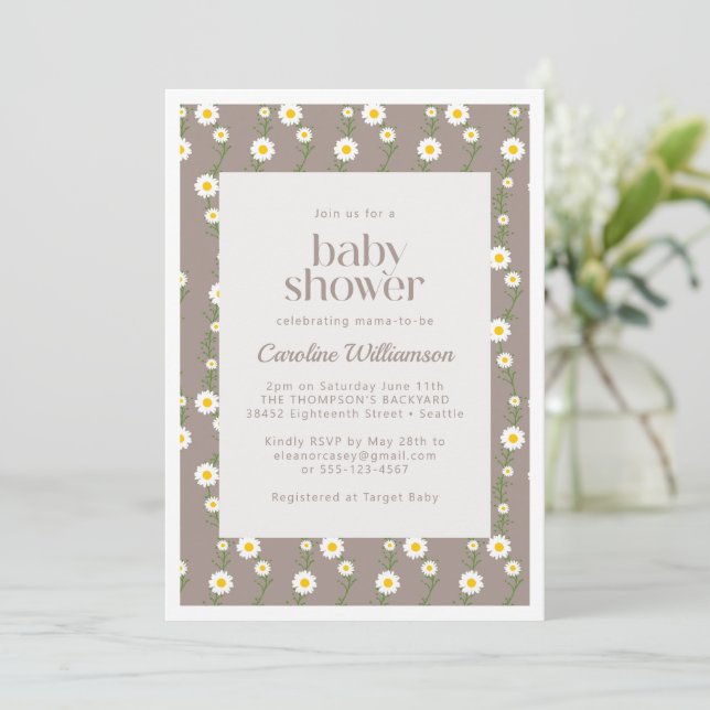 Boho Daisy Chain Floral Pattern Taupe Baby Shower Invitation (Standing Front)