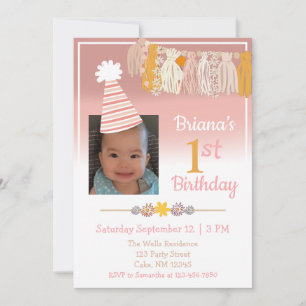 Boho Daisy Custom Photo Girls First Birthday Invitation