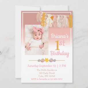 Boho Daisy Custom Photo Pink First Birthday Invitation