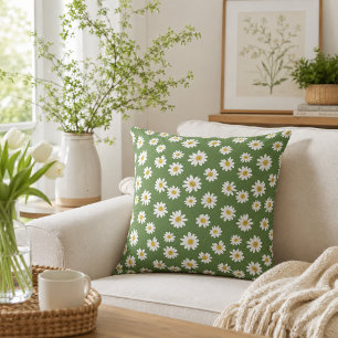 Boho Daisy Floral Pattern Green Cushion