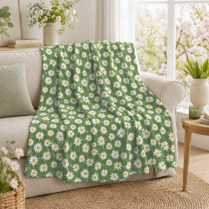 Boho Daisy Floral Pattern Green Fleece Blanket