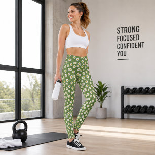 Boho Daisy Floral Pattern Green Leggings