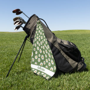 Boho Daisy Floral Pattern Green Name Golf Towel