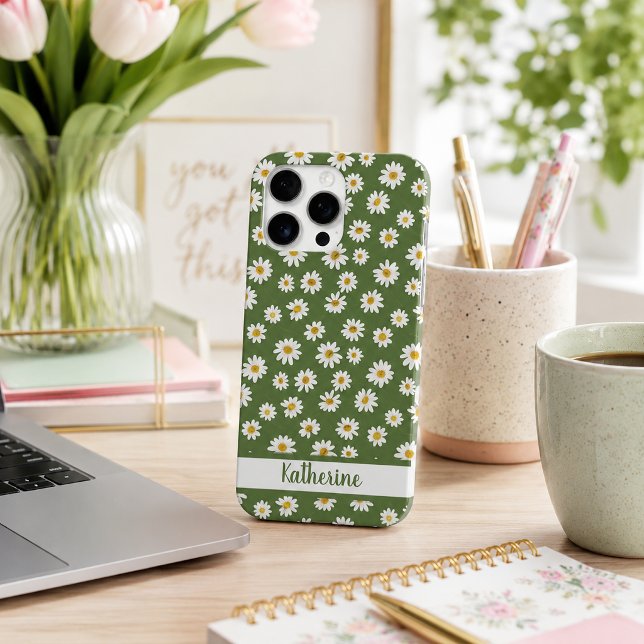 Boho Daisy Floral Pattern Green Name iPhone Case (Creator Uploaded)