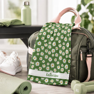 Boho Daisy Floral Pattern Green Name Sports Hand Towel