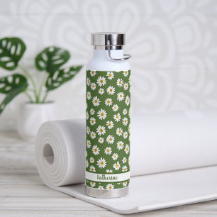 Boho Daisy Floral Pattern Green Name Water Bottle