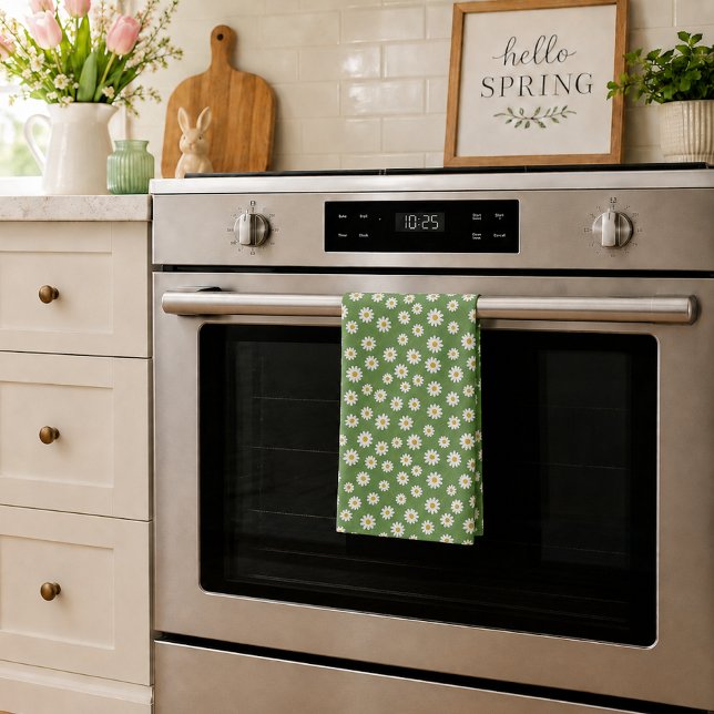 Boho Daisy Floral Pattern Green Tea Towel (Creator Uploaded)