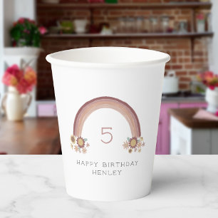 Boho Daisy Floral Rainbow Girls Birthday Paper Cups