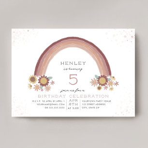 Boho Daisy Floral Rainbow Pink Birthday Invitation
