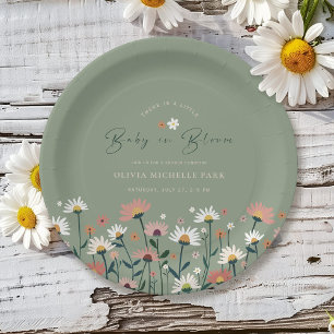 Boho Daisy Floral Sage Green Baby in Bloom Shower Paper Plate