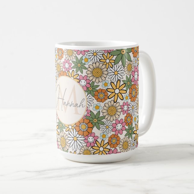Boho Daisy Flowers 70s Groovy Floral Coffee Mug (Front Right)