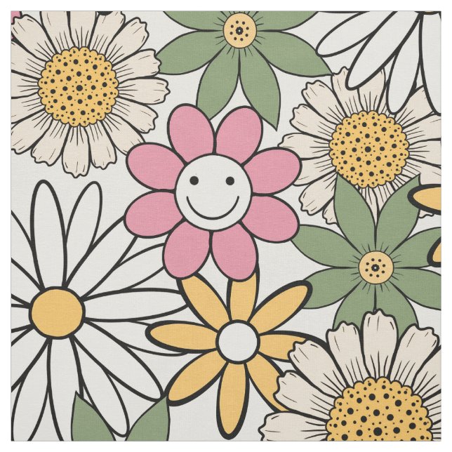 Boho Daisy Flowers 70s Groovy Floral Fabric (Swatch)