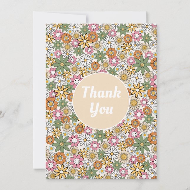 Boho Daisy Flowers 70s Groovy Floral Thank You Card (Front)