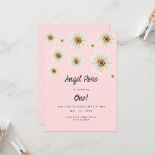 Boho Daisy Flowers Girl 1st Birthday Pink Cute Invitation