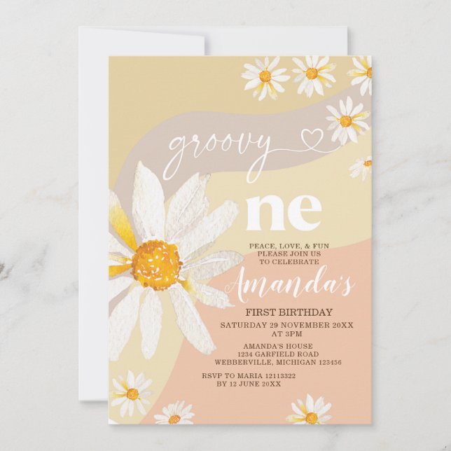 Boho Daisy Flowers Groovy One Birthday Party Invitation (Front)