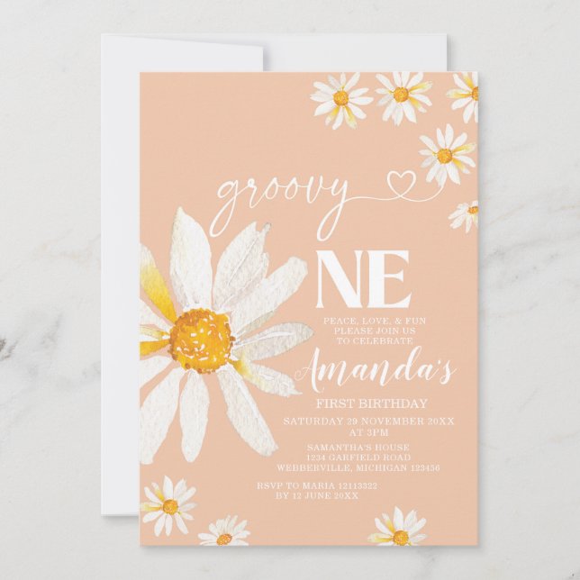 Boho Daisy Flowers Groovy One Birthday Party Invitation (Front)